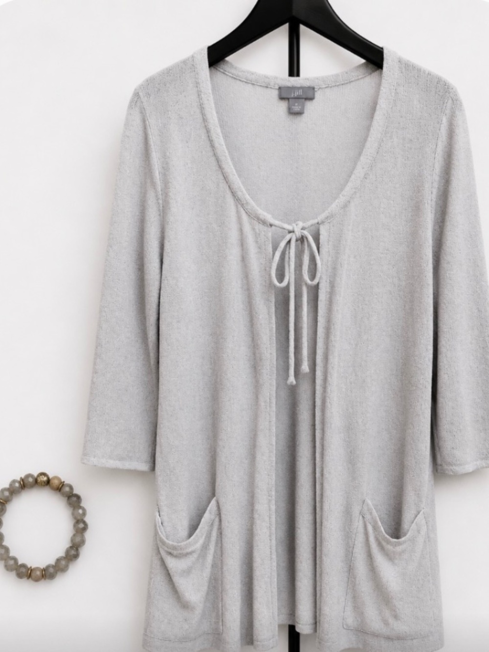 J. Jill‎ Light Gray Open Front Tie Cardigan Sweater Large